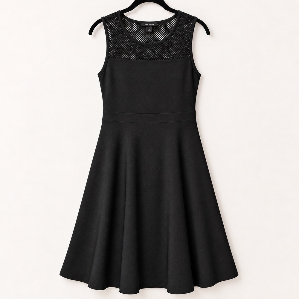 Ann Taylor Black Mesh Yoke Knit Fit & Flare Dress LG Elegant A-Line Cocktail LBD
